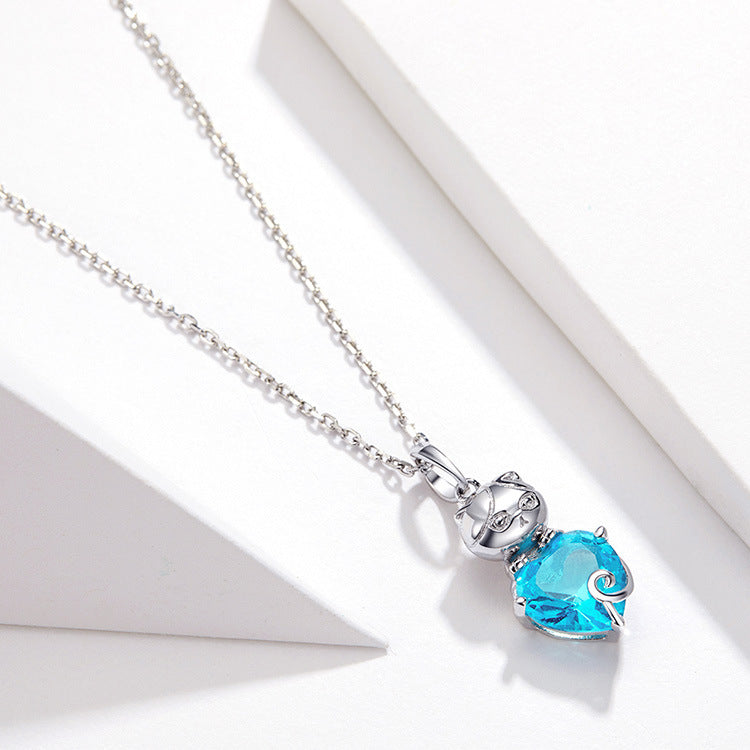 925 Sterling Silber Zyanfarbige Katzen-Edelsteinkette