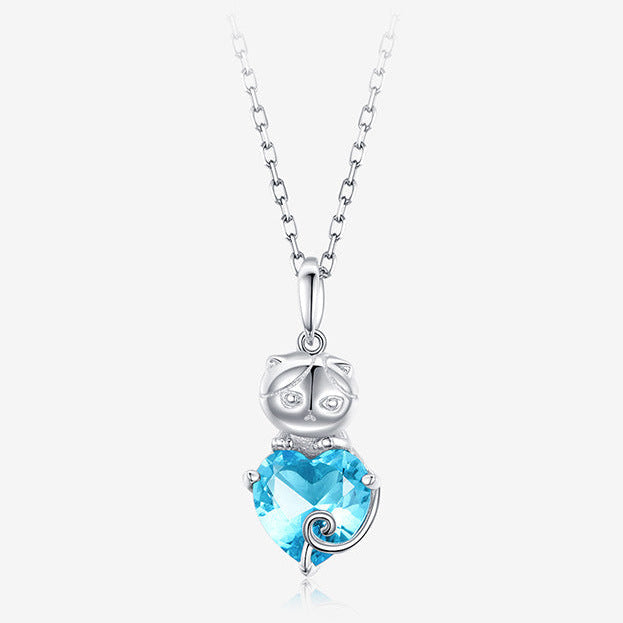 925 Sterling Silber Zyanfarbige Katzen-Edelsteinkette