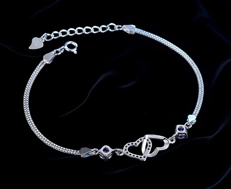925 Sterling Silber Doppelherz Amethyst / Diamant Armband