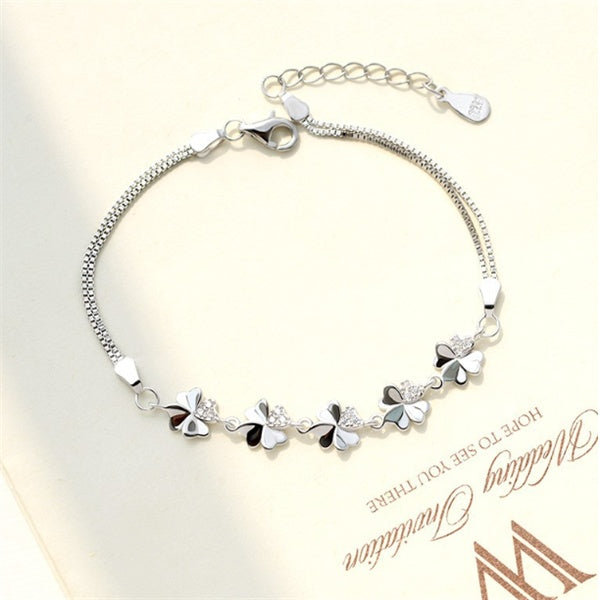 Vier-Blättriges-Kleeblatt Armband 925 Sterling Silber