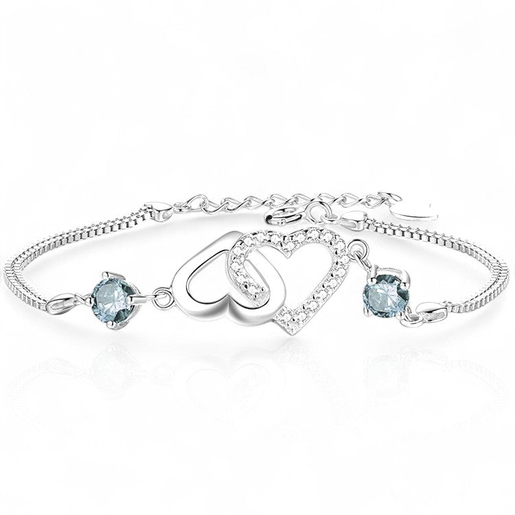 925 Sterling Silber Doppelherz Amethyst / Diamant Armband