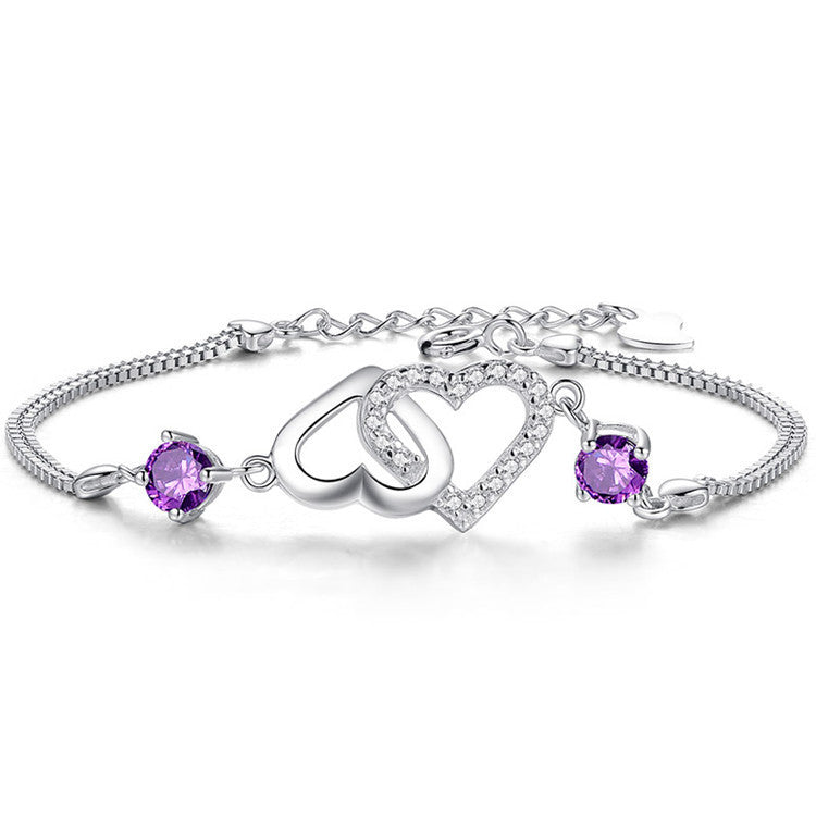925 Sterling Silber Doppelherz Amethyst / Diamant Armband