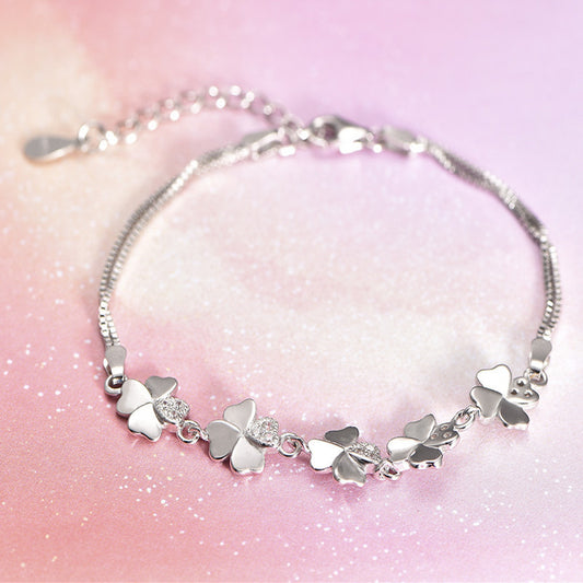 Vier-Blättriges-Kleeblatt Armband 925 Sterling Silber