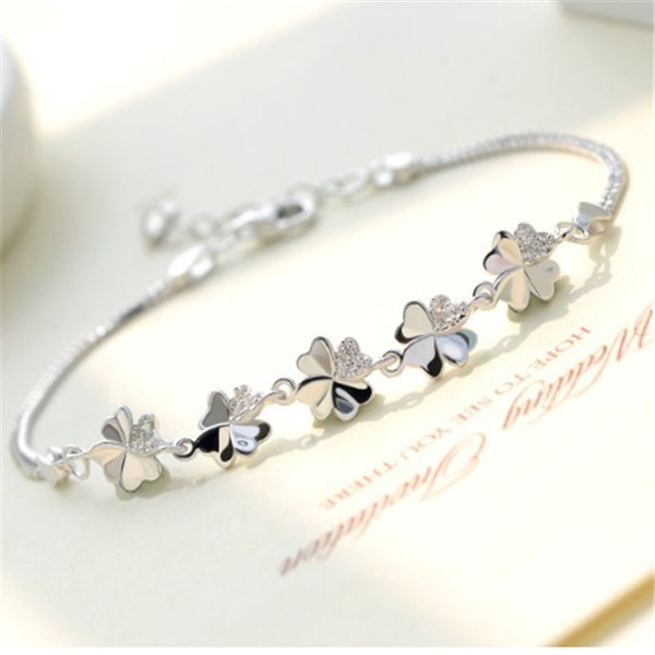 Vier-Blättriges-Kleeblatt Armband 925 Sterling Silber