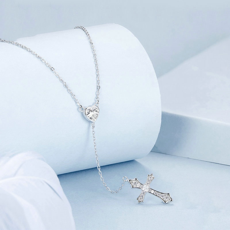 925er Sterling Silber V-Neck Herz-Kreuzkette