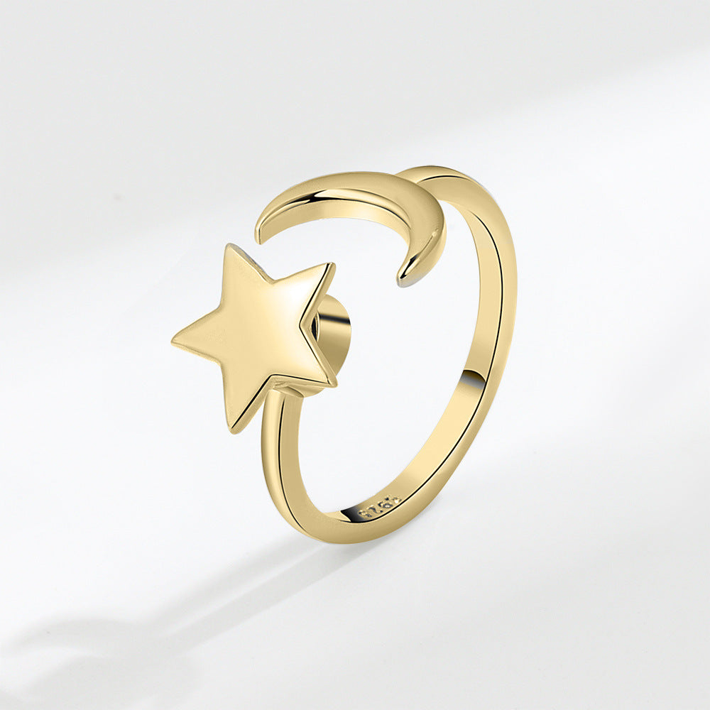 S925 Sterling Silber / 18K Gold Stern und Mondring