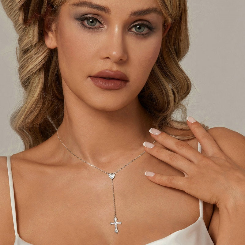 925er Sterling Silber V-Neck Herz-Kreuzkette