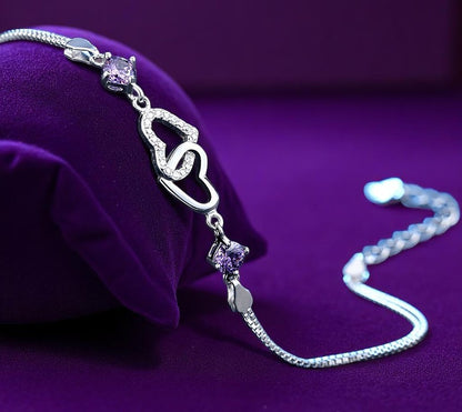 925 Sterling Silber Doppelherz Amethyst / Diamant Armband