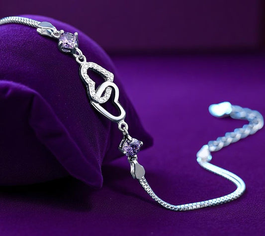 925 Sterling Silber Doppelherz Amethyst / Diamant Armband