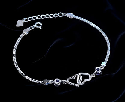 925 Sterling Silber Doppelherz Amethyst / Diamant Armband