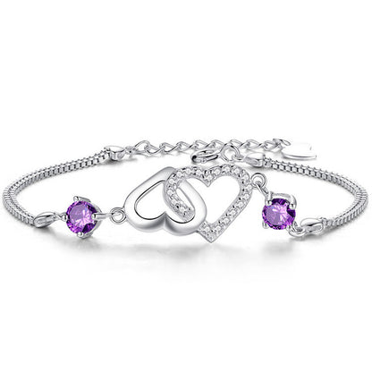 925 Sterling Silber Doppelherz Amethyst / Diamant Armband